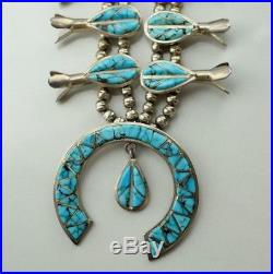 Navajo Old Pawn Sterling Silver Turquoise Inlay Squash Blossom Naja Necklace