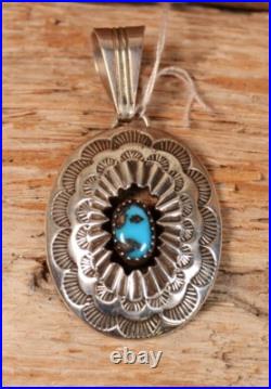 Navajo Oval Turquoise Cabochon on Sterling Silver Pendant with Stamp Work