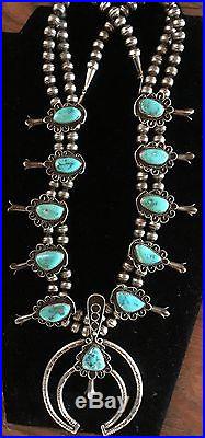 Navajo Pawn Turquoise Sterling Silver Squash Blossom Necklace 60's Signed TS