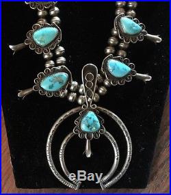 Navajo Pawn Turquoise Sterling Silver Squash Blossom Necklace 60's Signed TS