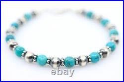 Navajo Pearl Turquoise Bracelet 6mm Round Blue Kingman Turquoise Sterling Silver Navajo Pearl Turquoise Bracelet 6mm Round Blue Kingman Turquoise Sterling Silver