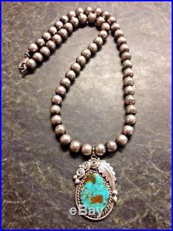 Navajo Pearls Sterling Silver Bead Necklace with Large Turquoise Pendant 925