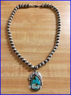 Navajo Pearls Sterling Silver Bead Necklace with Large Turquoise Pendant 925
