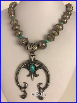 Navajo Pearls Sterling Silver Squash Blossom Turquoise Necklace Naja Pendant 21