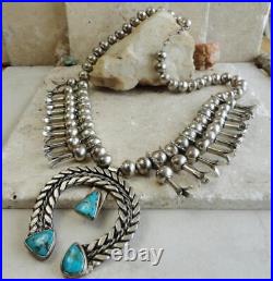 Navajo RARE VINTAGE 1930s TURQUOISE Sterling Silver SQUASH BLOSSOM Necklace 188g