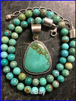 Navajo RJ Sterling Silver Turquoise Pendant & Turquoise Bead Necklace 925 DTR