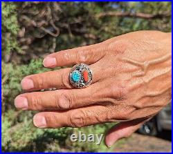 Navajo Ring Kingman Turquoise Coral Sterling Silver Unisex Native Am Sz 12.75