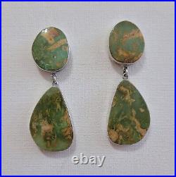 Navajo Royston Green Turquoise Sterling Silver 2 Stone Drop Earrings By Joe