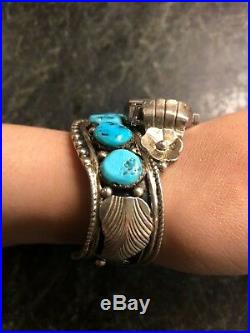Navajo S Ray Large Sterling Silver Turquoise Watch Cuff Bracelet 53 GRAMS 925