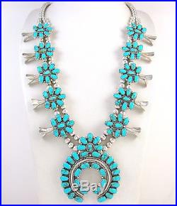 Navajo Signed DG Sterling Silver Petit Point Turquoise Squash Blossom Necklace J