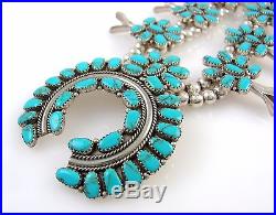 Navajo Signed DG Sterling Silver Petit Point Turquoise Squash Blossom Necklace J