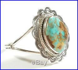 Navajo Signed Hs Sterling Etched Tall Royston Turquoise 5.5 Cuff Bracelet