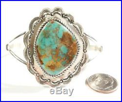 Navajo Signed Hs Sterling Etched Tall Royston Turquoise 5.5 Cuff Bracelet