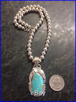 Navajo Silver Ray Large Turquoise Pendant on Sterling Silver Bead Necklace 925