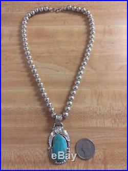 Navajo Silver Ray Large Turquoise Pendant on Sterling Silver Bead Necklace 925