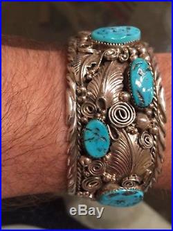 Navajo Sleeping Beauty Turquoise Sterling Silver LARGE Bracelet Cuff L. Bennett