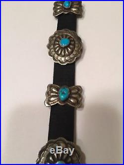 Navajo Sleeping Beauty Turquoise Sterling Silver Leather Concho Belt and Buckle