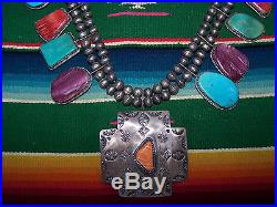 Navajo Sterling Silver CROSS PATH Turquoise Spiny Oyster Squash Blossom Necklace