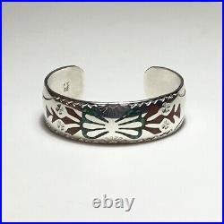 Navajo Sterling Silver Cuff Bracelet Turquoise Coral Sunrise Inlay Rose Castillo