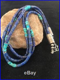 Navajo Sterling Silver Denim Lapis Multi Strand Turquoise Necklace 23