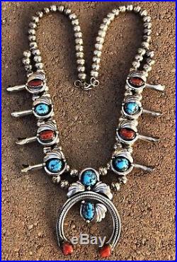 Navajo Sterling Silver Kingman Turquoise & Red Coral Squash Blossom Necklace 21