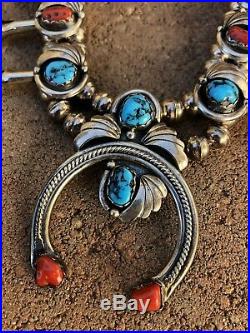 Navajo Sterling Silver Kingman Turquoise & Red Coral Squash Blossom Necklace 21