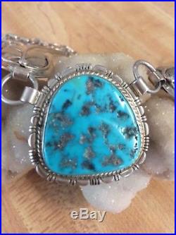 Navajo Sterling Silver Large Turquoise Necklace 63 Grams LM Leonard Maloney 925