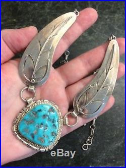 Navajo Sterling Silver Large Turquoise Necklace 63 Grams LM Leonard Maloney 925
