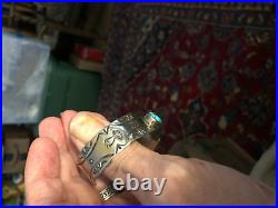 Navajo Sterling Silver Morenci Turquoise Nugget Cabochon Great Stamping Bracelet