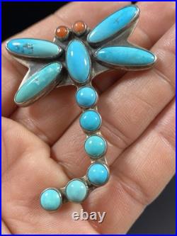Navajo Sterling Silver Native American Turquoise Dragonfly Pendant Brooch Signed
