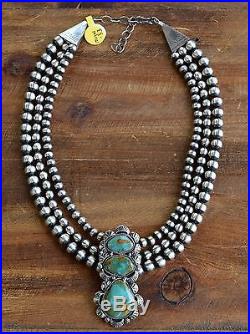 Navajo Sterling Silver Navajo Pearls And Green Turquoise Statement Necklace