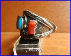 Navajo Sterling Silver Red Coral Turquoise Watch Cuff Bracelet JM James Mason