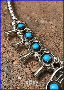 Navajo Sterling Silver Sleeping Beauty Turquoise Squash Blossom Necklace 17.5