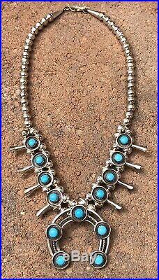 Navajo Sterling Silver Sleeping Beauty Turquoise Squash Blossom Necklace 17.5