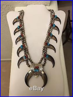 Navajo Sterling Silver Turquoise And Coral Bear Claw Squash Blossom Necklace