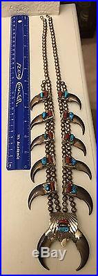 Navajo Sterling Silver Turquoise And Coral Bear Claw Squash Blossom Necklace