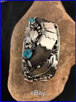 Navajo Sterling Silver Turquoise Coral Bear Sharp Nail Mens Bracelet