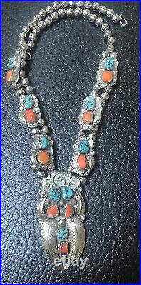 Navajo Sterling Silver Turquoise Coral Squash Blossom Necklace Signed SS
