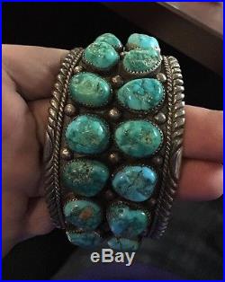 Navajo Sterling Silver Turquoise Cuff Bracelet Big/Heavy Signed LH