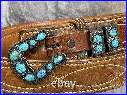 Navajo Sterling Silver Turquoise Heirloom Ranger Buckle Set With Belt Native VTG