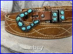 Navajo Sterling Silver Turquoise Heirloom Ranger Buckle Set With Belt Native VTG