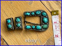 Navajo Sterling Silver Turquoise Heirloom Ranger Buckle Set With Belt Native VTG