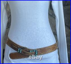 Navajo Sterling Silver Turquoise Heirloom Ranger Buckle Set With Belt Native VTG