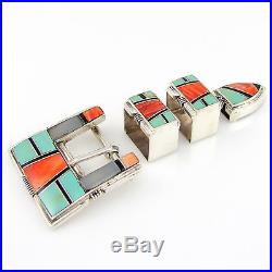 Navajo Sterling Silver Turquoise Spiny Oyster Inlay Ranger Belt Buckle Set G