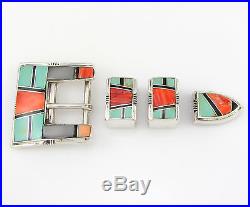 Navajo Sterling Silver Turquoise Spiny Oyster Inlay Ranger Belt Buckle Set G