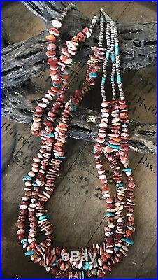 Navajo Susan Johns Sterling Silver Spiny Oyster Turquoise Nugget 3-strd Necklace