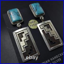 Navajo TONEY MITCHELL Sterling Silver TURQUOISE EARRINGS with Geometric Dangle
