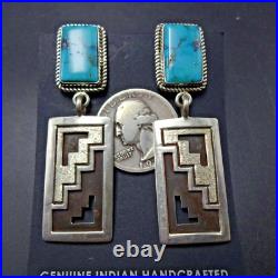 Navajo TONEY MITCHELL Sterling Silver TURQUOISE EARRINGS with Geometric Dangle