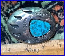 Navajo Teddy Goodluck Sterling Silver Turquoise Belt Buckle Bear Paw 3 X 2 1/4