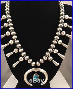 Navajo Turquoise And Handmade Sterling Silver Beads Squash Blossom Necklace
